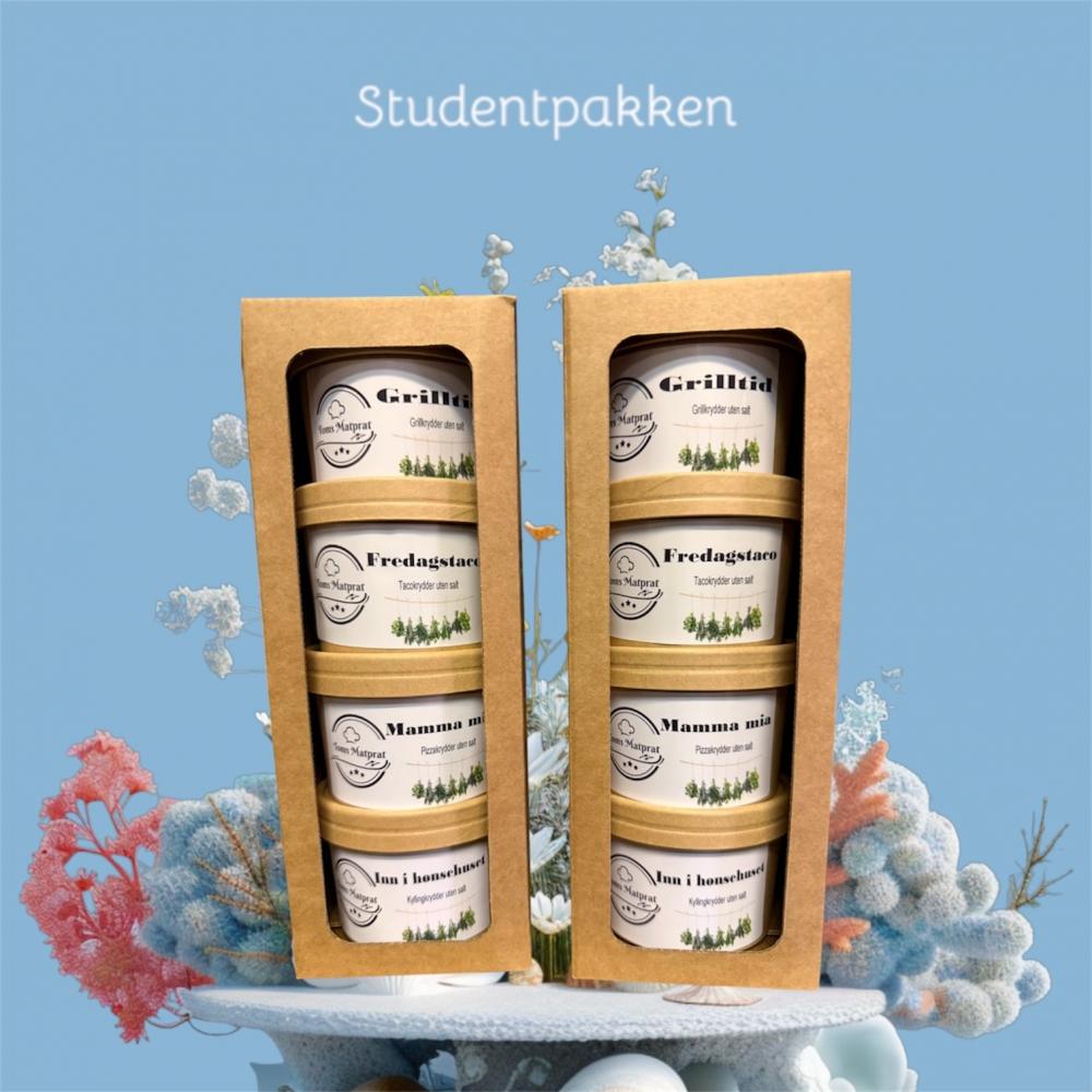 Studentpakke, 4 krydder i eske med logo