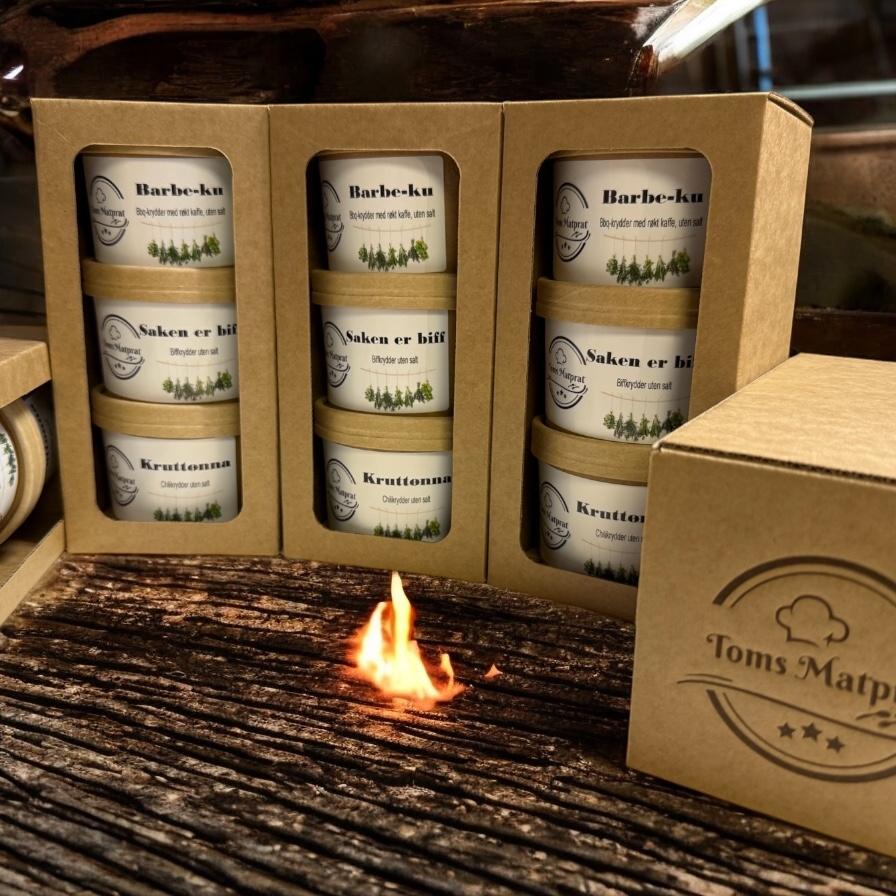 Grillboksen, 3 krydder i eske med logo