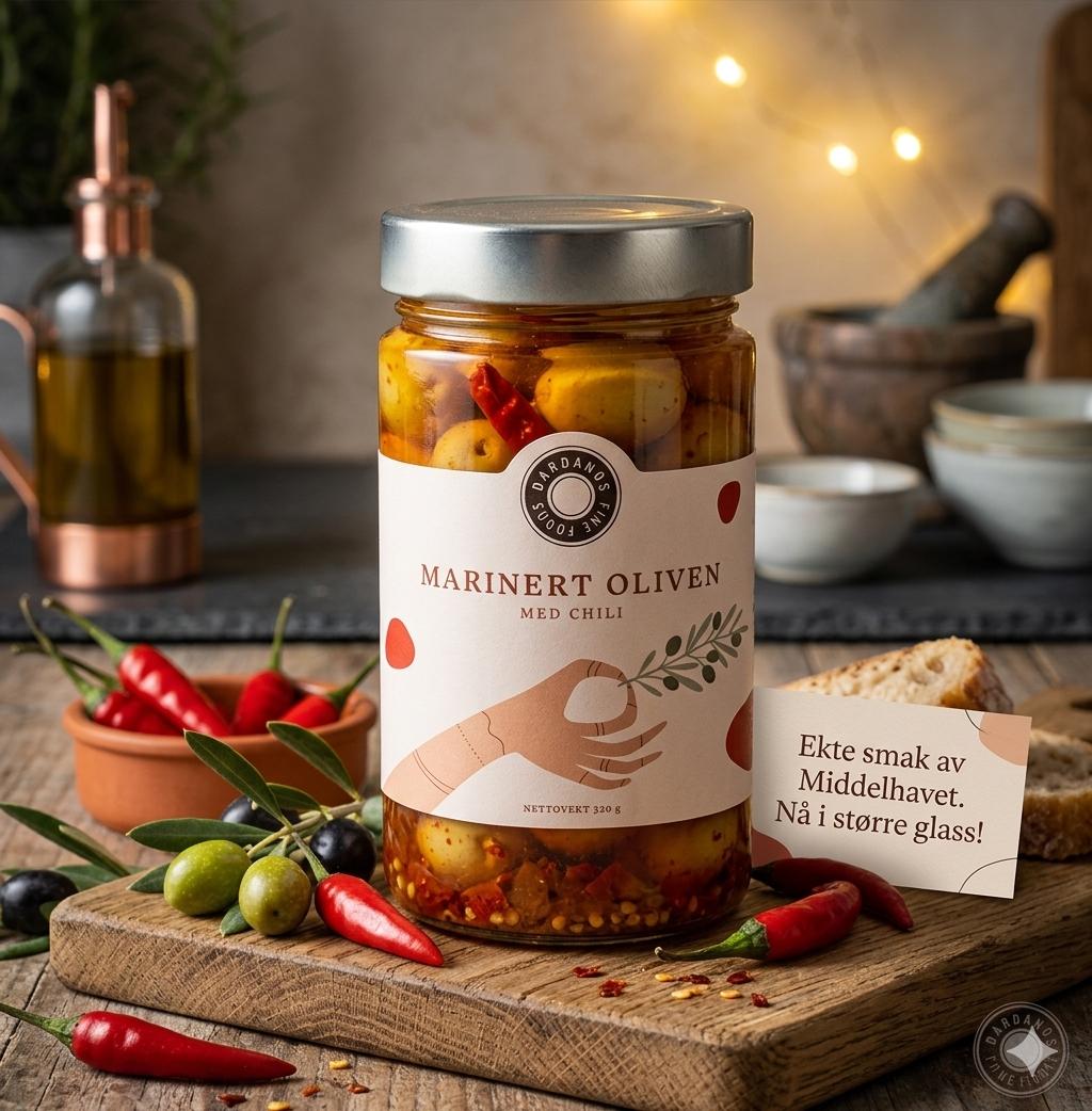 Marinert oliven med chili 320g