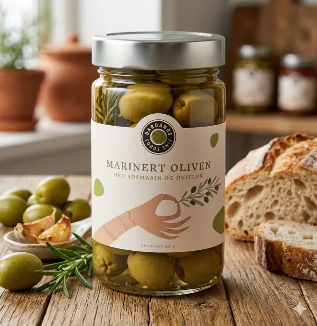 Marinert oliven med rosmarin og hvitløk 320 g
